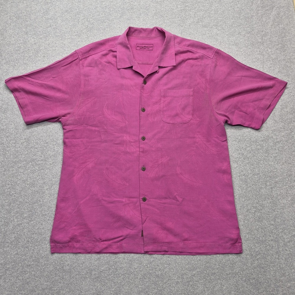 Tommy Bahama Shirt Mens L Purple Silk Casual Floral Short Sleeve Camp Button Up